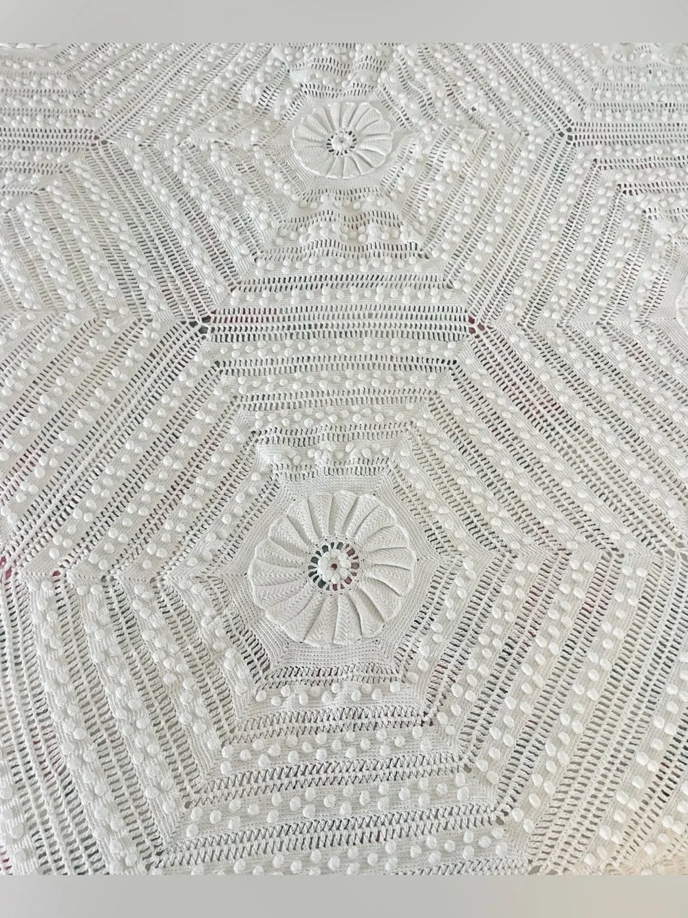 Vintage Afghan Crochet Popcorn Raised Floral White Cotton Handmade 52x104